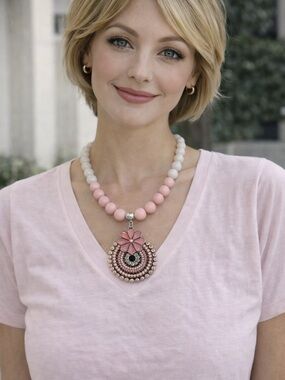 NEW ❤️❤️❤️ Pink  Crystal Beaded Art Deco Statement Necklace with Floral Dial